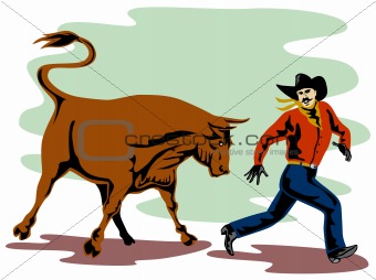 Rodeo cowboy being chased by an angry bull