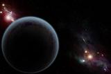 Digital created starfield with dark planet