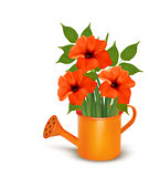 Fresh summer flowers growing in a watering can. Vector.