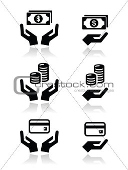 Hands with money vector icons set