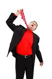 Man hanging himself with tie
