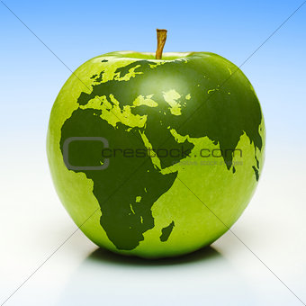 Green apple with earth map