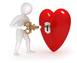3d man opening heart with gold key