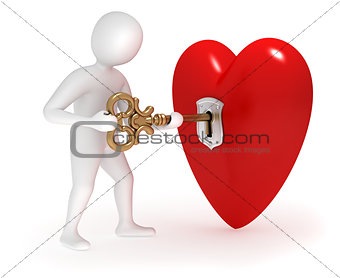 3d man opening heart with gold key