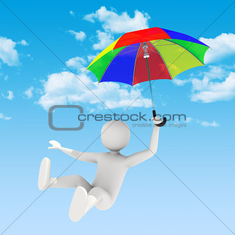 3d man flying with umbrella