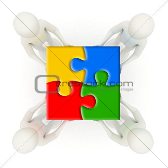 3d men holding assembled jigsaw puzzle pieces