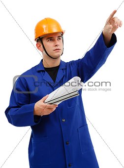 Engineer pointing upwards