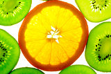 One orange slice with many kiwi slices