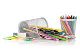Various colorful pencils and office tools