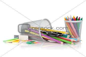 Various colorful pencils and office tools