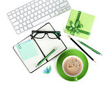 Coffee cup, office supplies and gift box