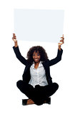 Female executive with whiteboard over her head