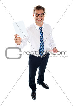 Corporate male showing blank playing card