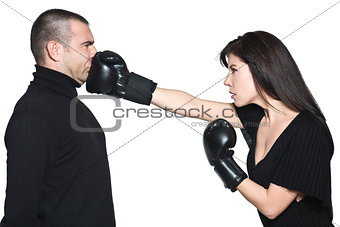 couple woman punching boxing  a man funny dispute conflict