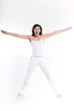 woman exercising workout stretch jump happy