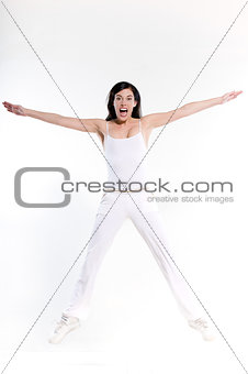 woman exercising workout stretch jump happy