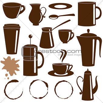 Coffee and tea items silhouettes set