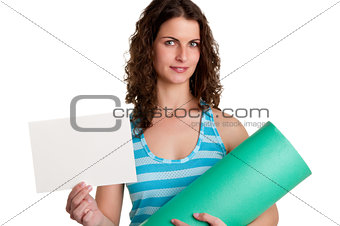 Woman Holding a Mat and a White Empty Card