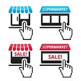 Shop, supermarket, sale icons with cursor hand icon