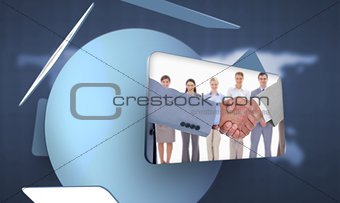 Screen displaying handshake and business people in digital interface