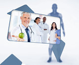 Screen displaying doctor holding apple in digital interface