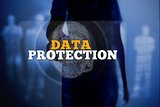 Silhouette of woman touching data protection button with fingerprint