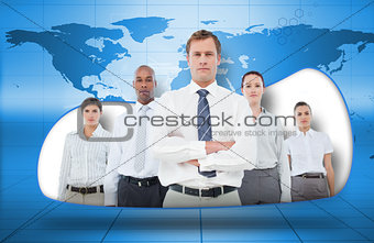Business team on blue world map background