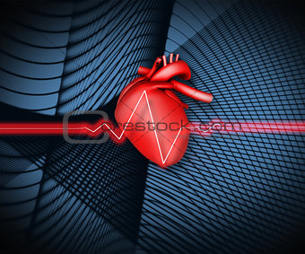 Red ECG line on black background with heart illustration