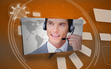 Digital speech box showing man in headset on orange background