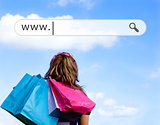 Girl holding shopping bags with address bar above