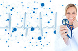Blonde doctor holding up stethoscope with blue ECG line