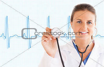 Doctor holding up stethoscope with blue ECG line