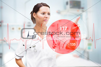 Nurse pointing at invisible screen with digital red ECG line in foreground