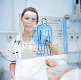 Nurse touching screen displaying blue human form