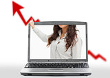 Woman reaching out from laptop to present growth arrow