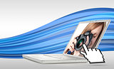 Hand icon pointing to open laptop showing woman taking photo