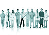 Happy team of doctors standing together in a line