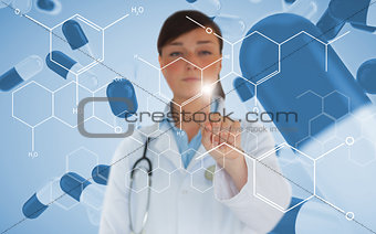 Doctor pressing touchscreen displaying chemical formula