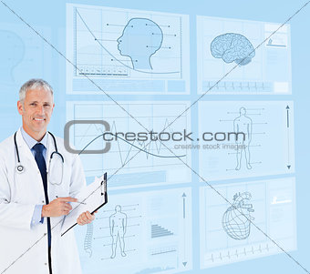 Senior doctor holding a clipboard near to futuristic screens