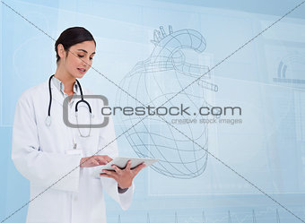 Woman doctor using a tablet pc in front of hearth sketch