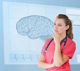 Nurse thinking in front of a futuristic interface