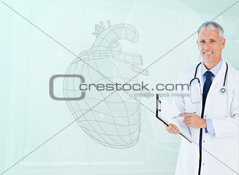 Portrait of a cardiologist smiling with a heart sketch