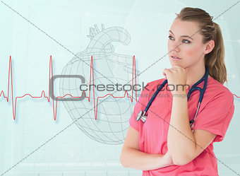 Portrait of a nurse thinking with a heart sketch
