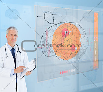 Doctor using a futuristic interface for brain analysis