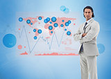 Businessman standing with a digital world map