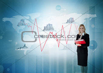 Businesswoman smiling against a futuristic interface