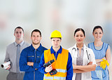 Smiling people with different jobs standing arms folded in line