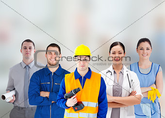 Smiling people with different jobs standing arms folded in line