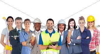 Group of smiling people with different jobs standing in line