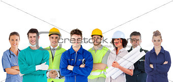 Group of people with different jobs standing in line